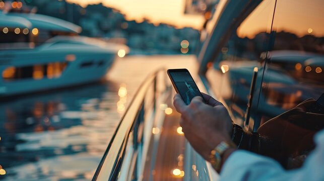 A man sitting on a boat and looking at his phone while surrounded by water - Powered by Adobe