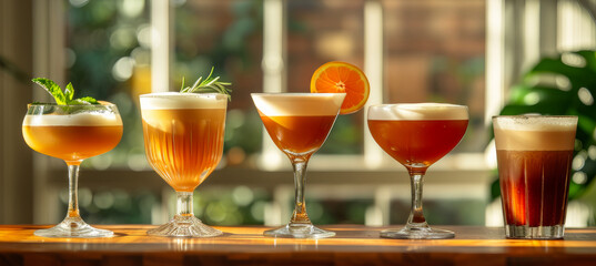 Variety of alcoholic cocktails on wooden table