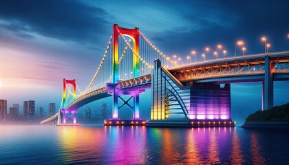 Rainbow-Lit Twilight: A Majestic Bridge Shines in Pride Colors