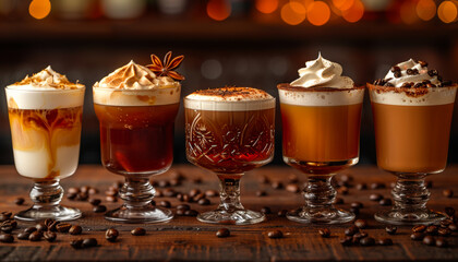 Four different festive cocktails with cream cinnamon anise and coffee beans on wooden background
