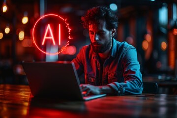 Focused businessman working on laptop surrounded by futuristic digital interface