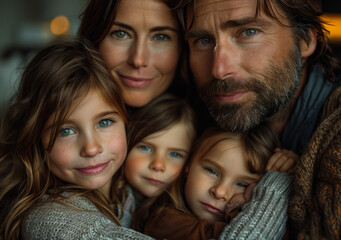 Obraz premium Closeup portrait of beautiful young family with three children indoors