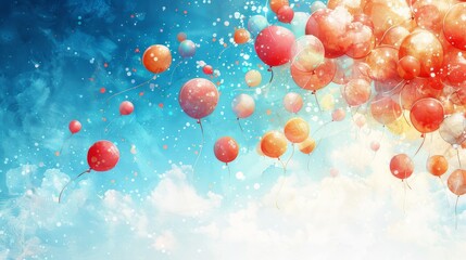 Colorful balloons float through a blue sky.