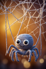 Macramé, crocheted cute mascot spider, sitting on a net