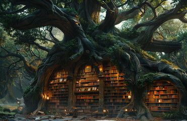 Obraz premium Tree house made of books and magic garden