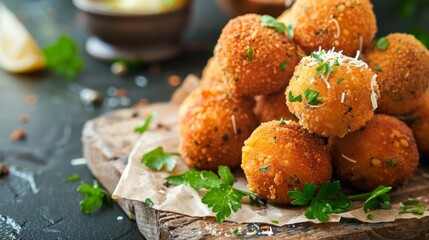 Deep fried arancini balls on rustic background - traditional Italian cuisine. Stuffed rice balls.