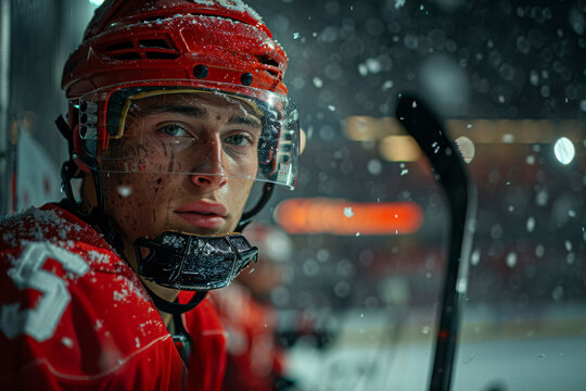 Portrait of hockey player in the red uniform - Powered by Adobe