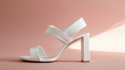 A white leather sandal with a block heel and straps that cross over the toes and ankle.

