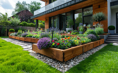 Fototapeta premium Garden design beautiful flowers and nicely trimmed bushes in large flower beds on terrace in the garden with lawn and