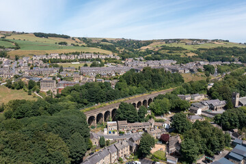 Aerial drone photo of the historic Yorkshire town of Huddersfield in the UK, showing the...