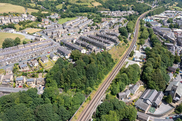 Aerial photo of the historic Yorkshire town of Huddersfield in the UK, showing the residential...