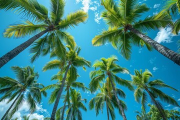 Fototapeta premium Palm Tree Forest in Tropical Paradise: Lush greenery with clear blue skies