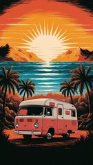 A vivid and captivating illustration of a sunrise over a mountains and a weavy ocean, with the horizon painted in warm oranges and yellows