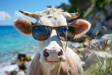 Cow with sunglasses on sunny beach