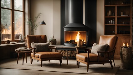 Two chairs near fireplace. Country, farmhouse home interior design of modern living room.