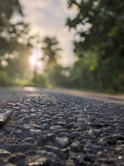 blur road, tree and sky with sun