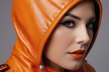 Close of a woman face in orange hoodie, Makeup model, Halloween, Photoshoot