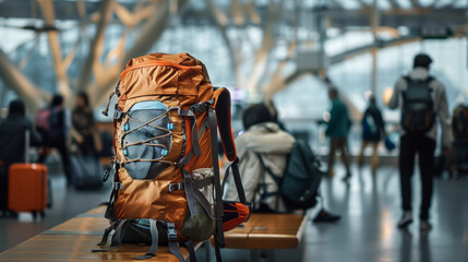 A lone orange backpack rests on a wooden bench in a bustling airport terminal, banner, copy space