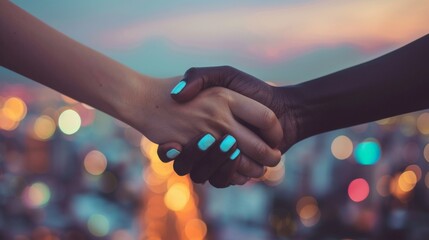 Handshake of unity between diverse ethnicities at twilight