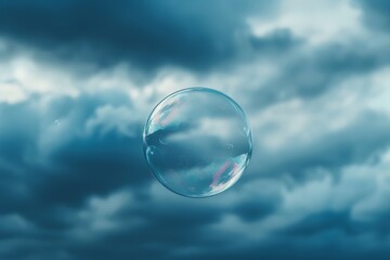 Floating soap bubble against stormy sky backdrop