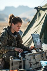Military tech specialist setting up satellite communications outdoors