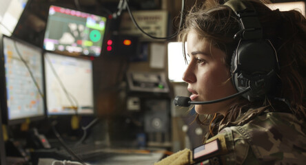 Military communications officer focused on screens with headset