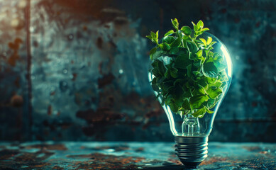 Glowing light bulb with vibrant green leaves, dark metallic texture