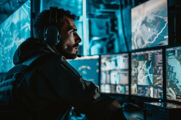Male drone operator in control room monitoring screens