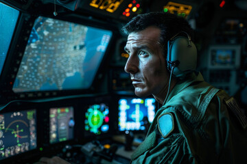 Pilot in cockpit with headset looking at flight monitors