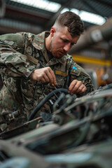 Military engineer in uniform working on vehicle machinery