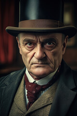 Serious man wearing suit and top hat. Ai Generative