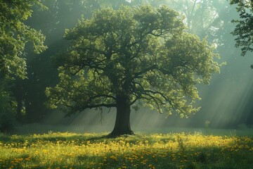 Fototapeta premium Sunlight piercing through majestic oak tree at dawn