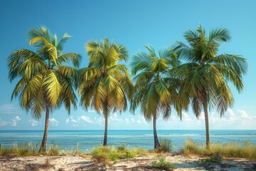 Fototapeta premium Palm Tree Forest in Tropical Paradise: Lush greenery with clear blue skies