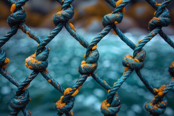 Macro view of a blue netting with uneven, rust-like spots adding texture and creating a focus on material degradation
