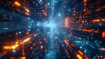 Obraz premium This is an abstract image of a digital tunnel. It is full of bright colors and light. It looks like a journey through a digital world.