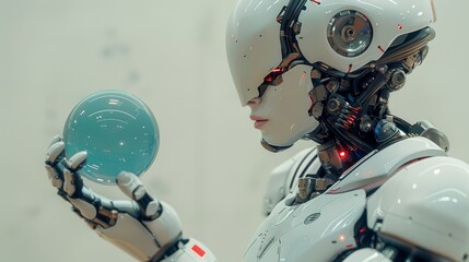 Fototapeta premium Robot hand holding a transparent round object, artificial intelligence