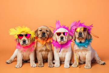 Puppies in party attire on orange background