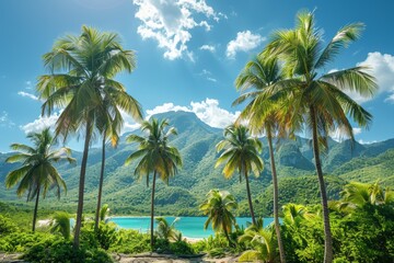 Palm Tree Forest in Tropical Paradise: Lush greenery with clear blue skies