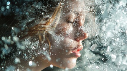 A woman's face is covered in water droplets, creating a blurry and dreamy effect