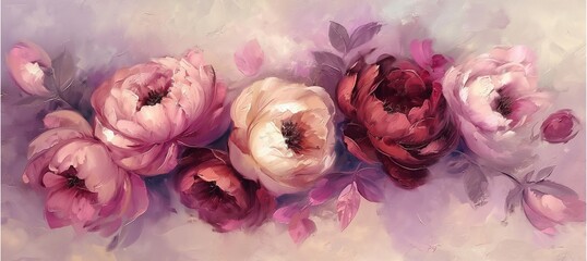 On a light backdrop, pink and burgundy peonies bloom in abstract elegance, their essence captured in fluid oil paint textures and dynamic brush strokes.