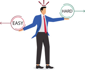 Hard or easy path to career success or business growth, businessman carrying a sign choosing the direction of the easy or hard route