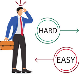 Confused businessman chooses an easy career path with small results or a hard career path with big results, make a decision to choose a career path