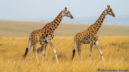 Two giraffes  walking in a field in the grasslands of the savanna with a warthog and an antelope in...