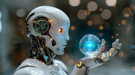 Robot hand holding a transparent round object, artificial intelligence