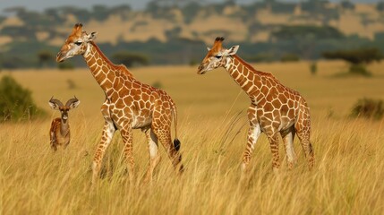 Two giraffes  walking in a field in the grasslands of the savanna with a warthog and an antelope in...