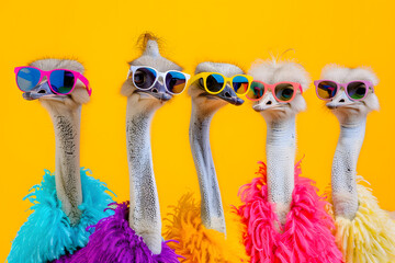 Fashionable ostriches wearing sunglasses and feather boas