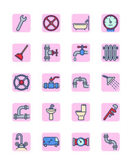 Plumbing line icon set. Bath pipes, shower, water, toilet drain, valve, tap. Vector icon collection for housekeeping service, bathroom, home repair store, plumber job and tools topics