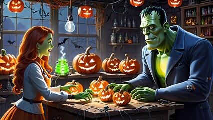 Frankenstein with his girlfriend in lab full of halloween pumpkins illustration
