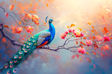 Blurred background of peacock, perched on a branch, for use in graphics.