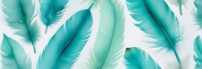 array of delicate feathers painted in various shades of teal and green against light background. concepts: calmness, serenity, relaxation, elegance, wellness and spa, birds, nature and wildlife themes